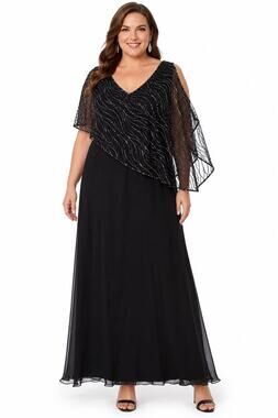 1990s J Kara Black Beaded Cape Overlay Evening Gown Size 18 NWT
